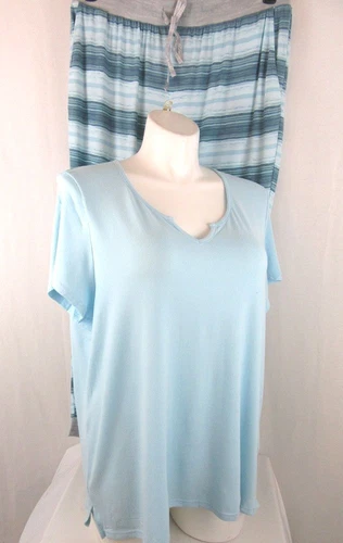 MUK LUKS Size 2X Blue Aquatic Dream Knit Split V-Neck Top and Jogger Lounge Set