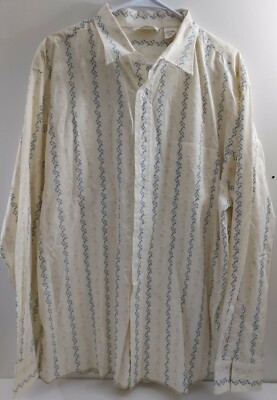 BKE67 Shirt XL Mens Long Sleeve Button Up Cream w/ Blue Vines Tan Flowers