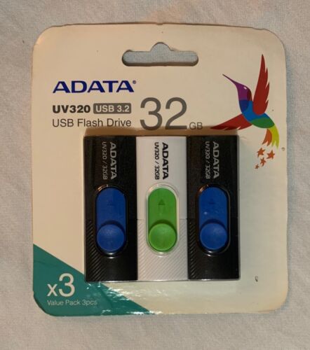 ADATA UV320 32GB USB 3.2 Retractable Capless USB Flash Drive Memory Stick 3pk