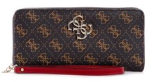 NEW GUESS Women's Brown Logo Print Red Trim Zip Around Wristlet Wallet Clutch