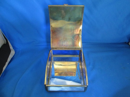 Vintage Hummingbird Flowers Trinket Box Blue Glass Brass & Mirror Mexico - Picture 6 of 14