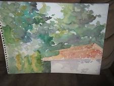 Original Watercolor Painting Trees Over Rooftop 13.5" x 10" 