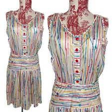 Vtg 80s ABSTRACT ART Dress Draped PAINT SPLATTER Artist Colorful Rainbow Summer