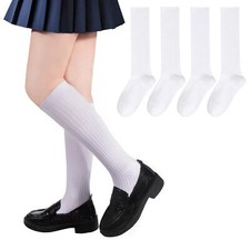 4 Pairs Girls Knee High Socks Seamless Toe Kids School Uniform Socks Over The...