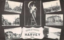 Cartolina Harvey Illinois Saluti Scena di strada ed edifici AA33144