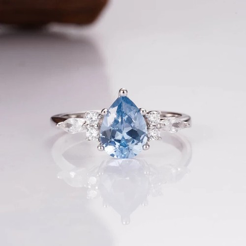 2 Ct Pear Cut Aquamarine Lab-Created Wedding Promise Ring 14K White Gold Plated - Picture 5 of 8