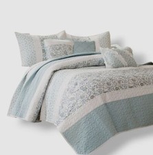 Madison Park Blue 6-pc Reversible Stella Percale with Throw Pillows Quilt Set