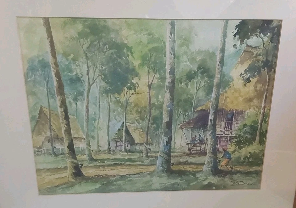 A.J. РАМАН ФИЛИППИНСКАЯ ДЕРЕВНЯ НОЧЬЮ ОРИГИНАЛЬНАЯ АКВАРЕЛЬ ПЕЙЗАЖНАЯ ЖИВОПИСЬ - Изображение 2 из 4