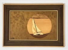 VTG Wood Marquetry Artwork: Sailboat at Sunset    