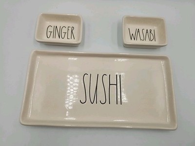 Rae Dunn 3 Piece Sushi Wasabi Ginger Plate Dish Set EUC 