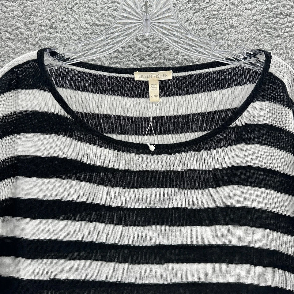 Blusa Top Mujer Eileen Fisher XL Negro Blanco Rayas Manga Larga Lino Foto 2 de 4