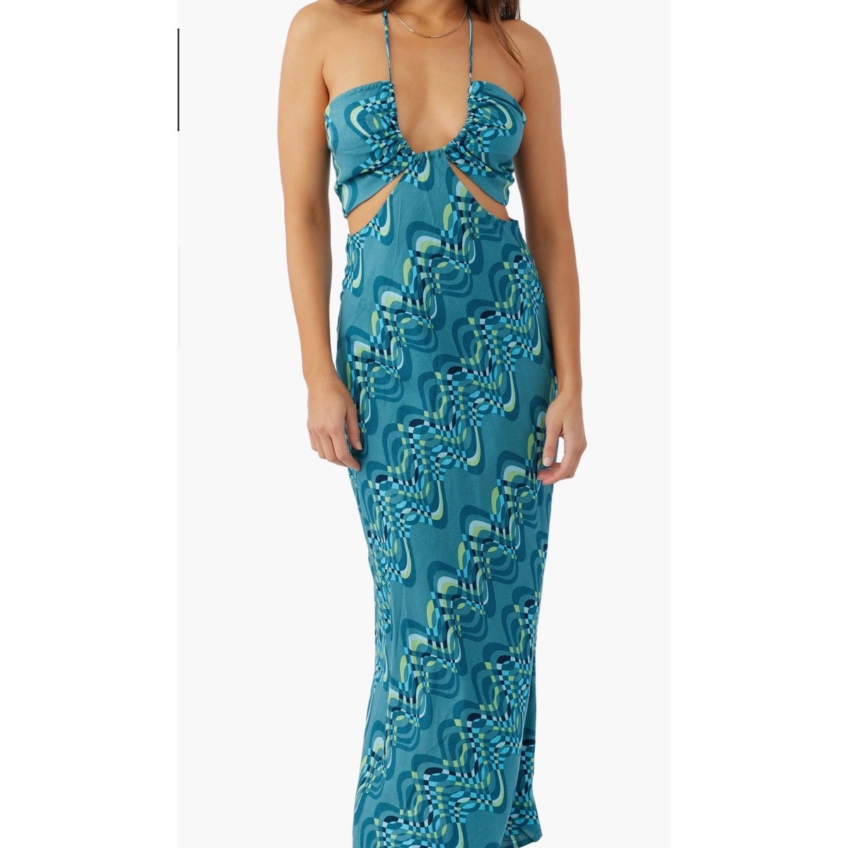 O Neill Teal Green Abstract Geo Print Maxi Dress Cutout Tie Neck M | eBay