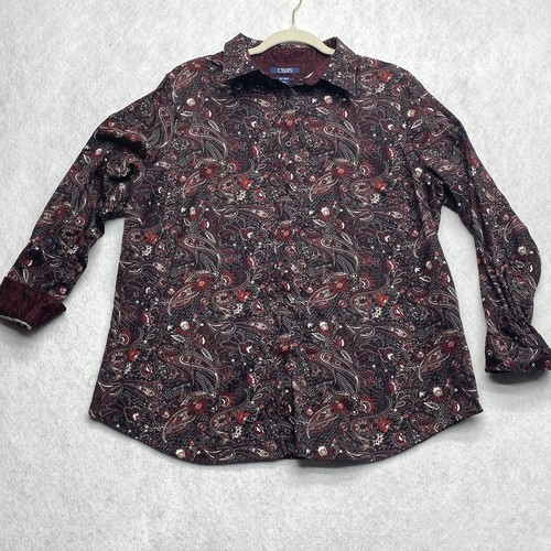 CHAPS Women Shirt OX White Red Paisley Button Up 3/4 Sleeve No Iron Flip Cuff - Picture 1 of 15