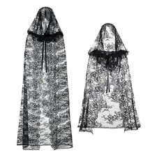 Black Tulle Hooded Lace Witch Cape for Role Play Costumes with Tie Closure