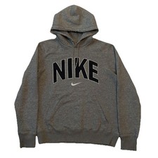 Vintage Nike Spell Out Swoosh Pullover Hoodie Sweatshirt Fleece Grey Size M EUC