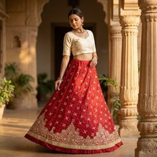 Sanskriti New Red Pure Silk Unstitched Wedding Lehenga Hand Embroidered Zardozi