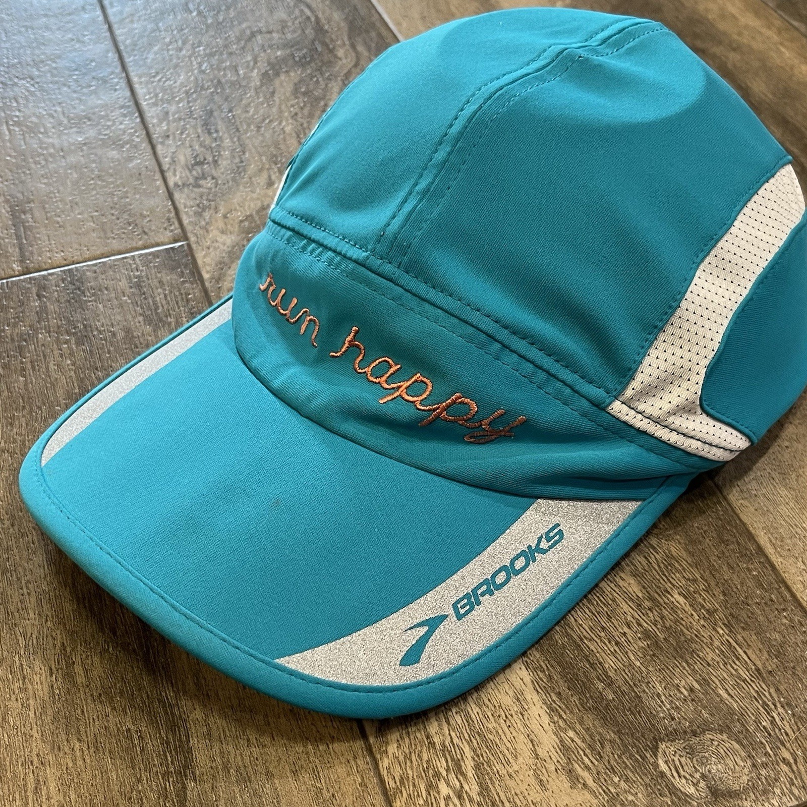 Run Happy Strapback Baseball Cap Teal One Size Adjustable Embroidered Brooks