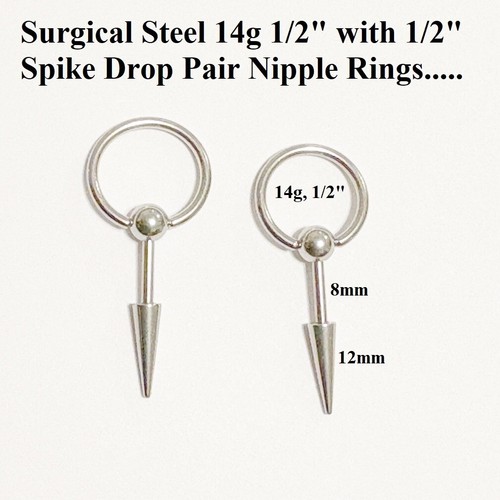 PAIR 316L Surgical Steel 14g 1/2" NIPPLE Rings with 1/2" Spikes. - Picture 2 of 9