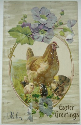Antike Oster Grußkarte Huhn mit Küken verschickt orange New Jersey 1907