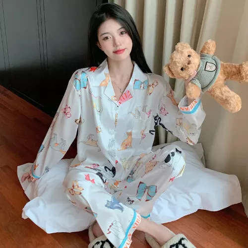 Pijama Seda Hielo Mujer Pijama Primavera Manga Larga Hogar Set - Imagen 21 de 49