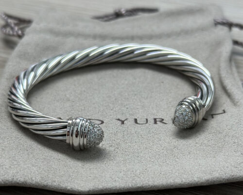 David Yurman Sterling Silver 7mm Classic Cable & Pave Diamonds Bracelet Sz M - Picture 1 of 5