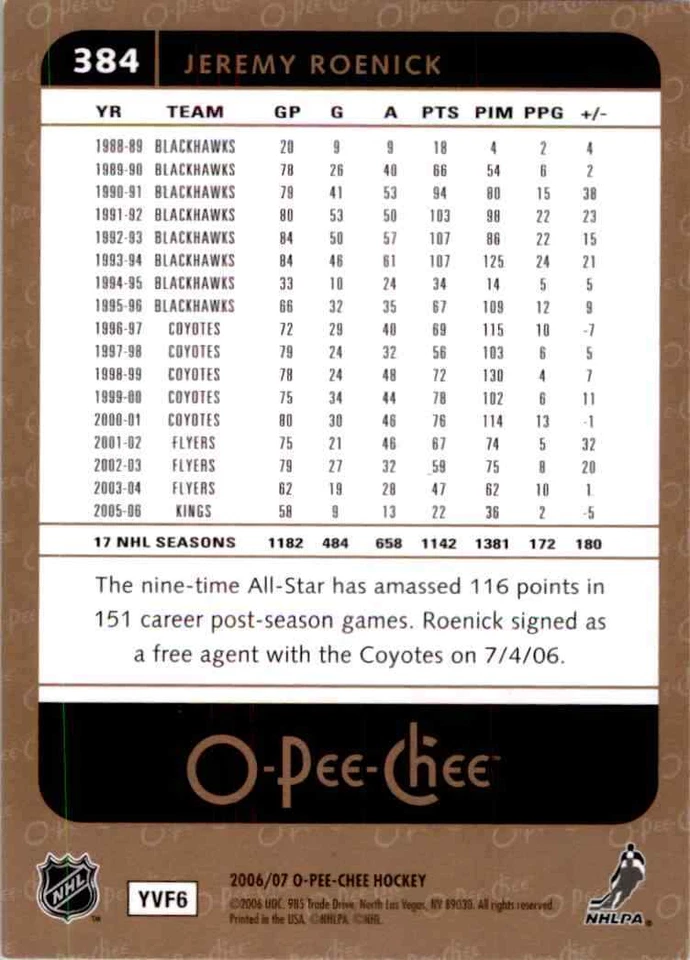 2006-07 O-Pee-Chee Jeremy Roenick #384 - Image 2 of 2