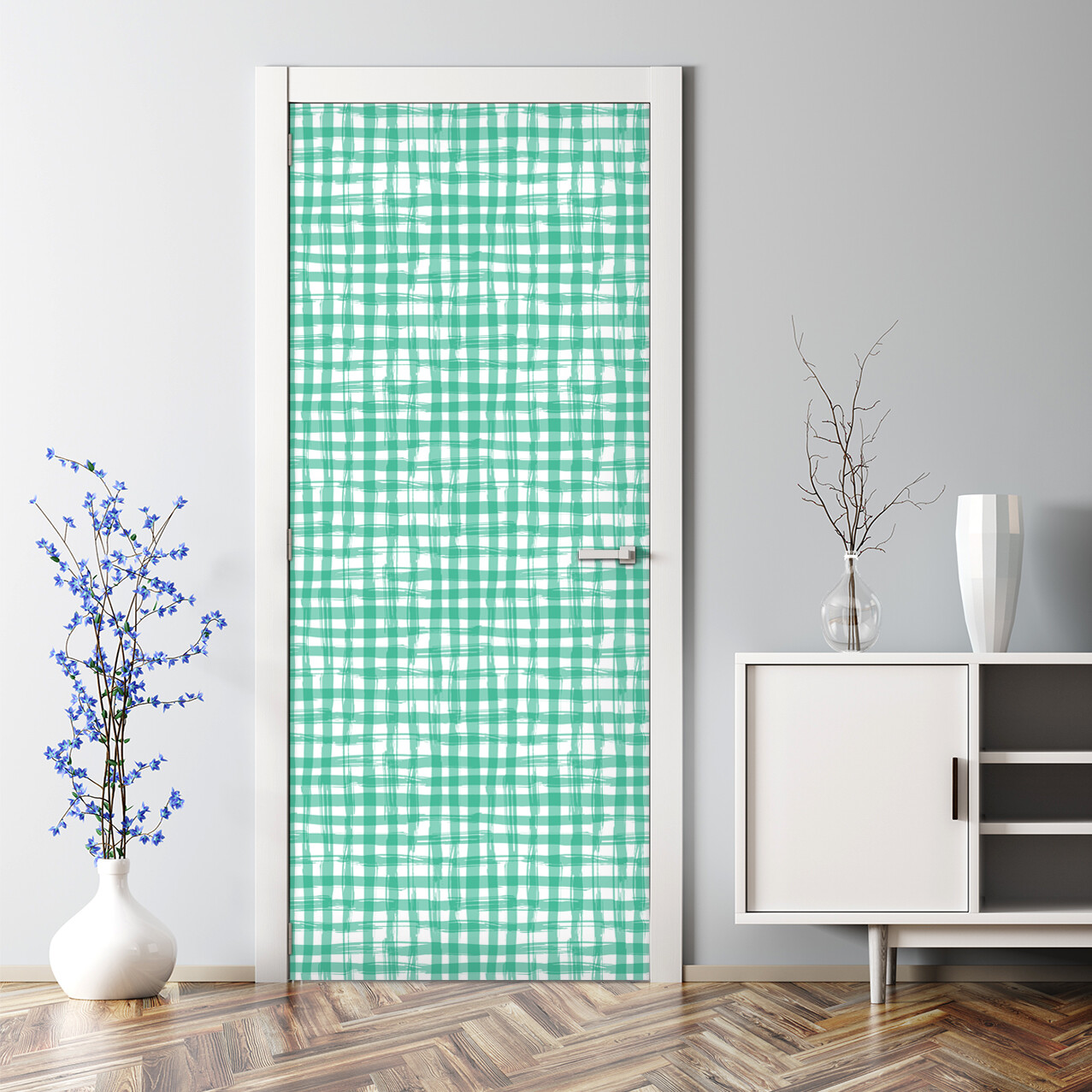 Handdrawn check pattern Peel & Stick Door Wrap mural covering Watercolour