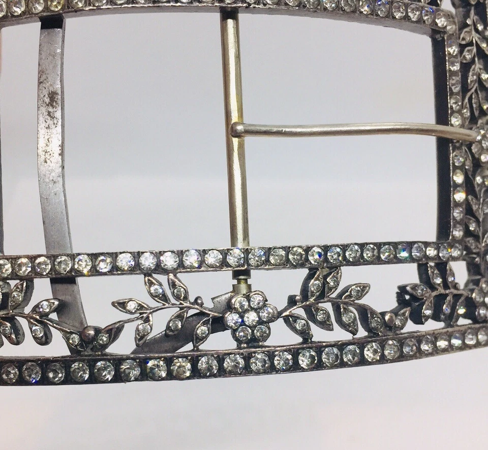 Antique Victorien Pâte Strass Transparent Plaqué Argent Floral L Boucle Ceinture - Photo 4/4