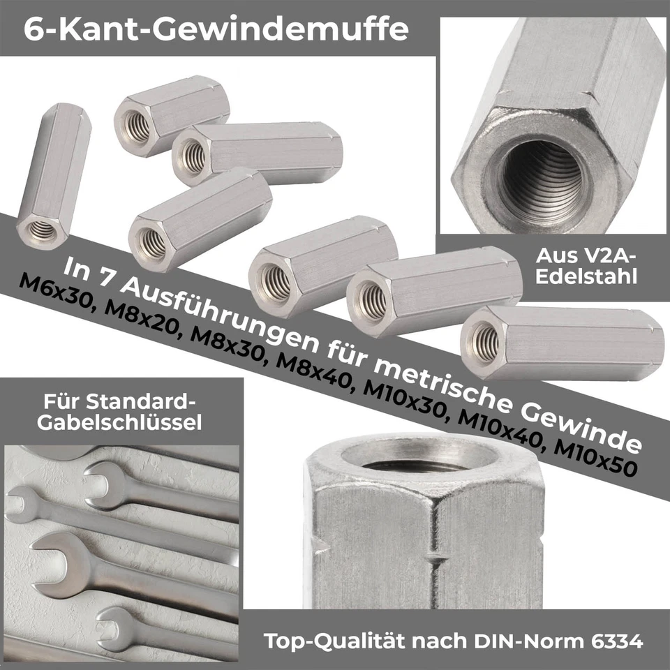 Gewindemuffe M6 M8 M10 Sechskant Edelstahl V2A Verbindungsmuttern - Bild 2 von 4