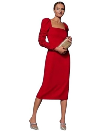 Antonio Melani Francine Cherry Red Square Neck Long Ruched Sleeve Dress Size 0 - Picture 3 of 14