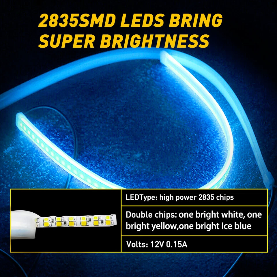 2pcs LED Headlight DRL Light Sequential Flexible Turn Signal Strip Amber Blue - Image 4 of 4