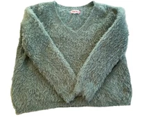 Pink Rose Womens V Neck Sweater L Lightweight Long Sleeved Fluffy Mint Green