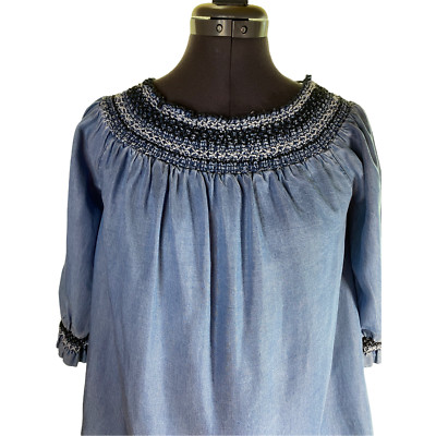 Boho Blue Rain Womens M Boutique Cottage Light Weight Retro Chambray Blouse