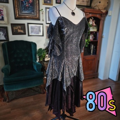 Nuance Party Dress Vintage 80s Metallic Asymmetrical Ruffle Glam Disco Midi