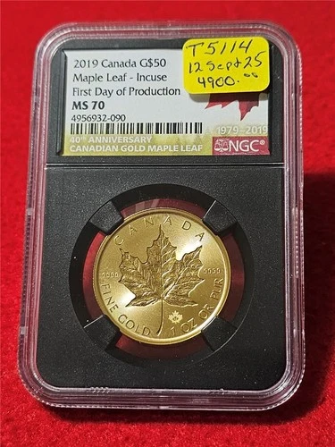 2019 Canada  $50 1oz .9999 Gold Maple Leaf NGC MS 70 FIRST DAY OF PROD  #T5114