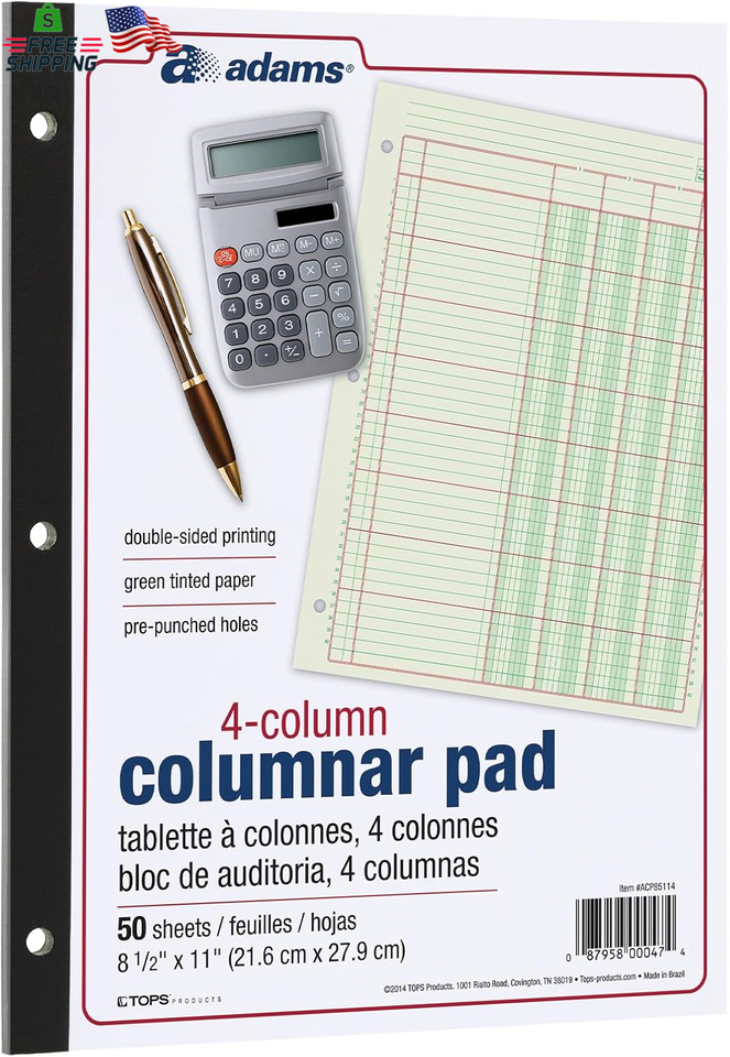 Adams Columnar Analysis Pad, 4 Column Ledger, 8.5
