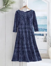 Coldwater Creek Scrolled Stretch Velvet Dress color Midnight Navy