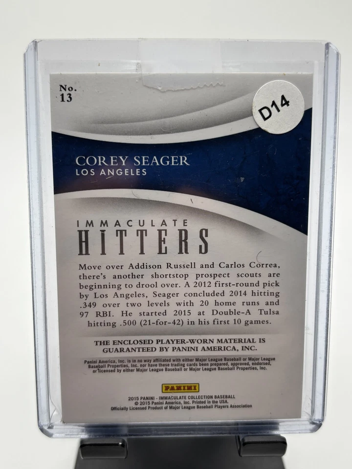 2015 Immaculate Collection Immaculate Hitters Corey Seager #13 21/99 Player-worn - Image 2 of 2