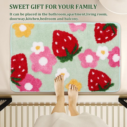 Strawberry Bath Mat Pink Cute Bathroom Rugs Soft Microfiber Non Slip Bath Rug - Picture 3 of 8