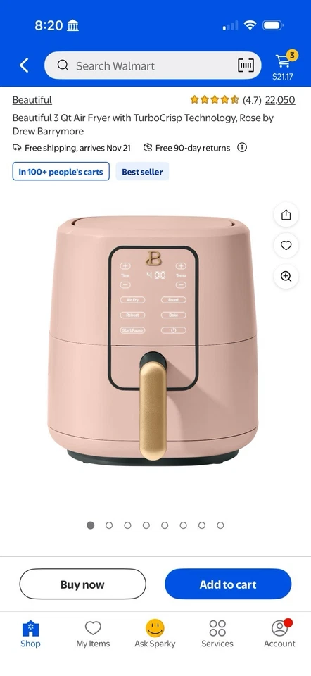 3 Quart Luftfritteuse mit TurboCrisp Technologie, Rose Pink von Drew Barrymore