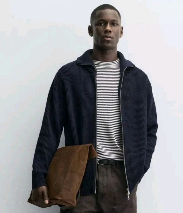 Cárdigan Suéter de Lana Zara Origins Azul Marino Oscuro Cuello Cremallera Talla XL Foto 2 de 4