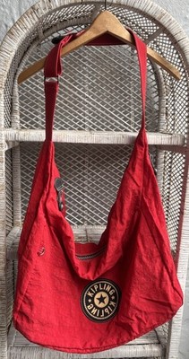 VINTAGE KIPLING LARGE RED NYLON HOBO BAG w/ POCKET Crossbody/Shoulder Duffle