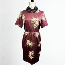 ASOS Women Burgundy Floral Midi Dress 3D Flower Collar Short Sleeve Size 12
