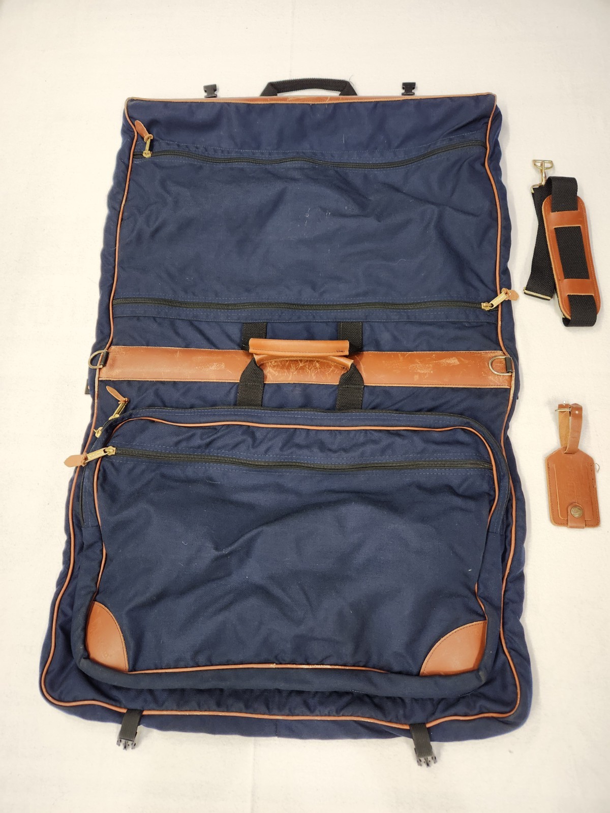 Vtg LL Bean Garment Bag Navy Blue w/ Tan Leather Trim Travel Luggage Carry On