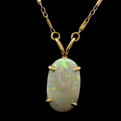 Antike massive Gelbgold ausgefallene Gliederkette mit schönem ovalen grauen Opal Plättchen Anhänger