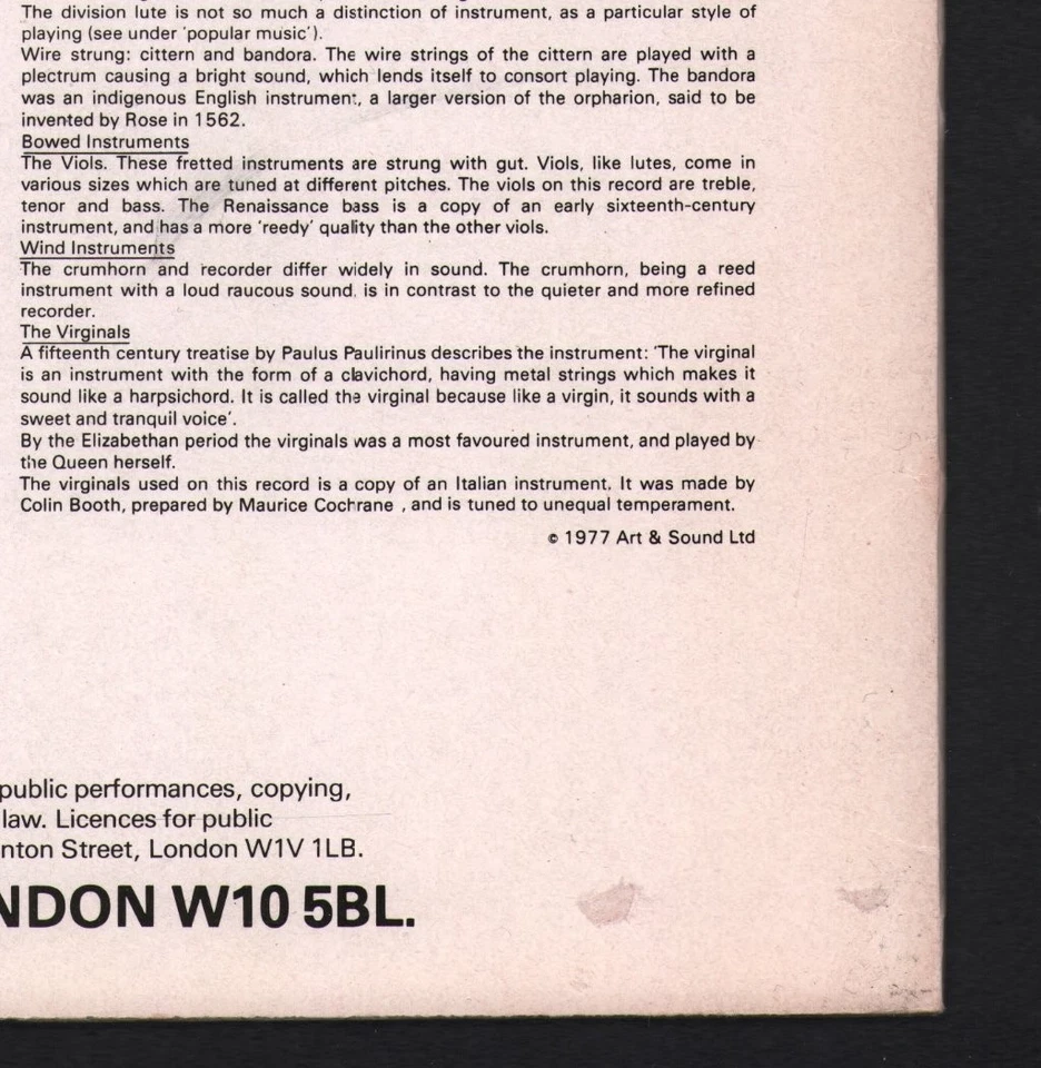 5447 Camerata of London Popular Music From the Time of Queen Elizabeth I LP - Photo 3/4