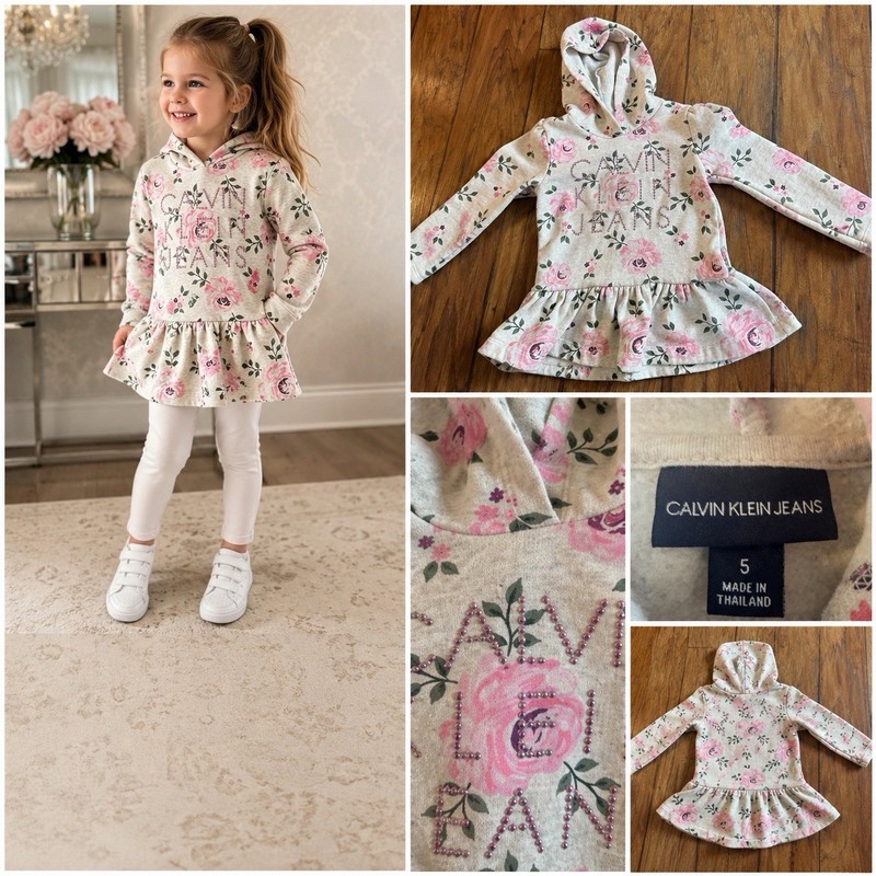 Calvin Klein Jeans Girls Floral Hoodie Peplum Dress Size 5 Pink Roses