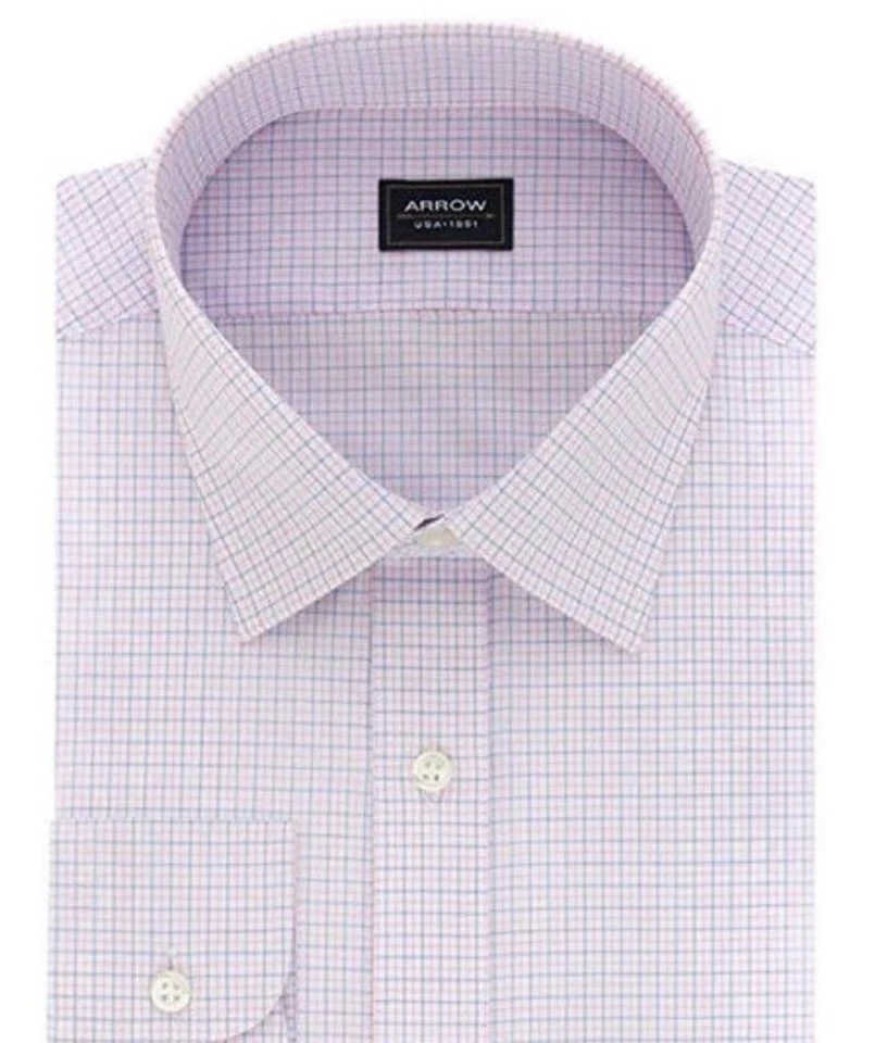 Camisa de vestir Arrow para hombre ajuste regular sin arrugas manga larga rosa a cuadros Foto 2 de 2