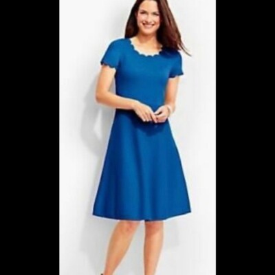 Talbots A Line Deep Blue Sea Cobalt Scallop Trim Knit Sweater Dress sz S NEW NWT