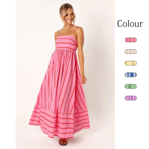 Women's Casual Basic Spaghetti Strap Maxi Dress Sleeveless Summer Strips Dresses - Picture 2 of 31